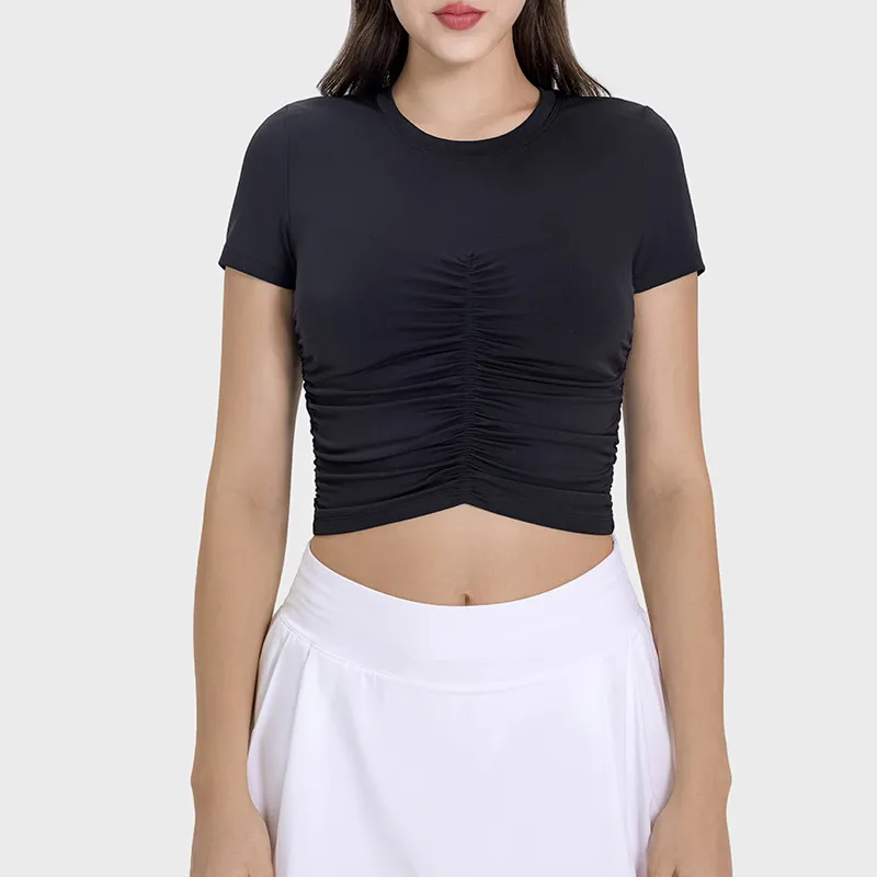 Nude Feel Slim Fit Thin Yoga Wear Top Women's Casual Street Fashion All-matching Sports Short Sleeve - Black