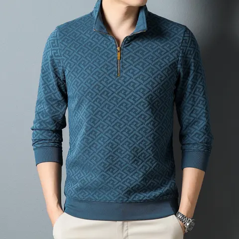 Long Sleeve T-shirt Zipper and Lapel Casual Stand Collar