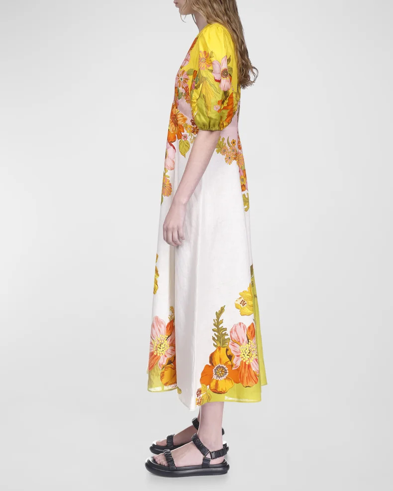 New Printing Fashion Puff Sleeve All-matching Slim Fit Large Swing Dress