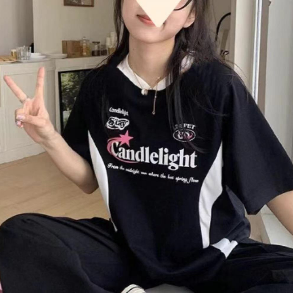 时尚潮牌爆款百搭机车拼色印花短袖t恤女夏季拼接宽松百搭上衣ins