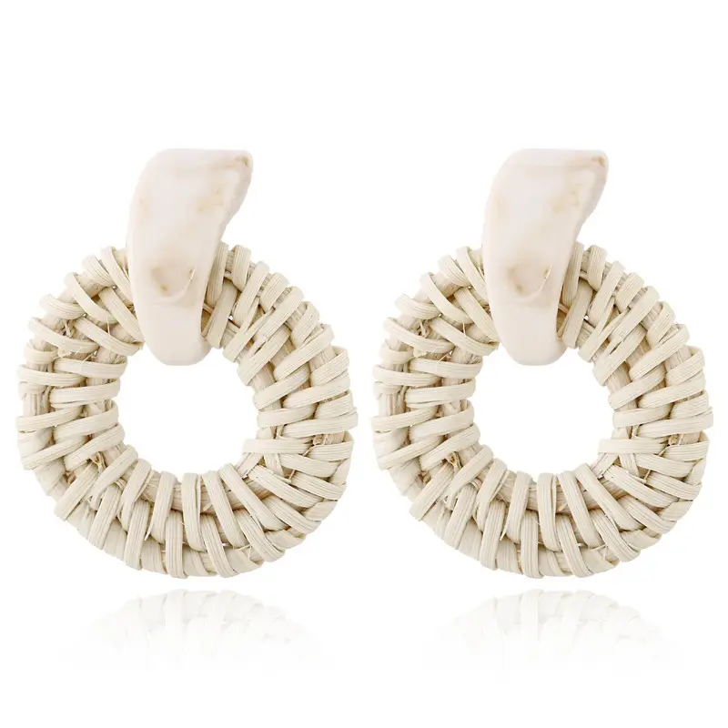 Wooden Bamboo Rattan Handmade Straw Woven Geometric Hollow Rattan Earrings