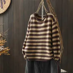 Artistic Plus Size Contrast Colour Striped Knitted Sweater - Coffee And Apricot - View 1