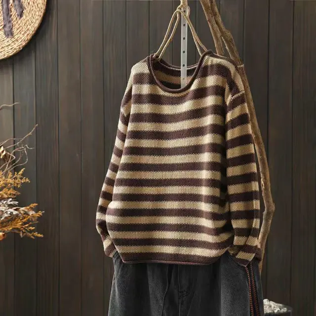 Artistic Plus Size Contrast Color Striped Knitted Sweater Coffee And Apricot - Shop at LoveMi