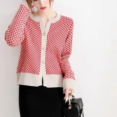 Commuter Loose Small Plaid Knitted Cardigan Coat For Women - Red - View 1