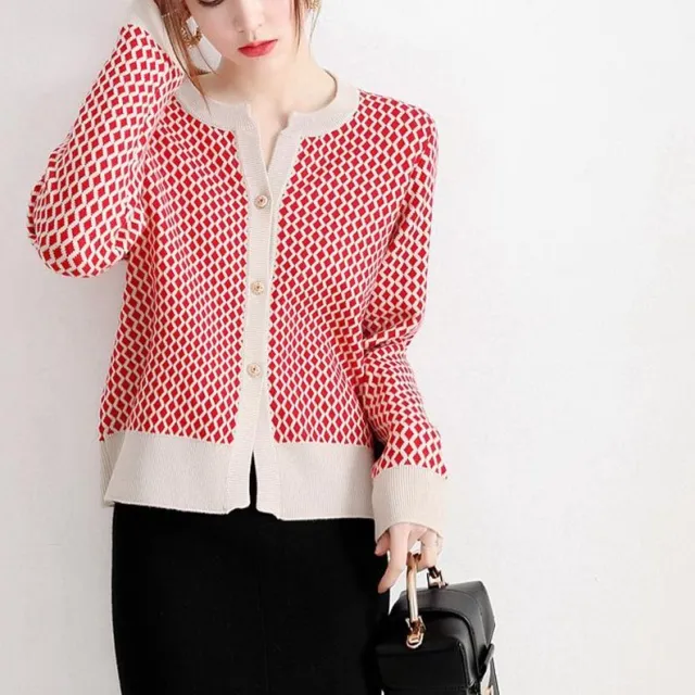 Commuter Loose Small Plaid Knitted Cardigan Coat For Women Red - Shop at LoveMi