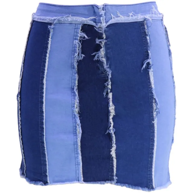 Design Sense Patchwork Washed Pleated Belt Denim Skirt Blue - Shop at LoveMi