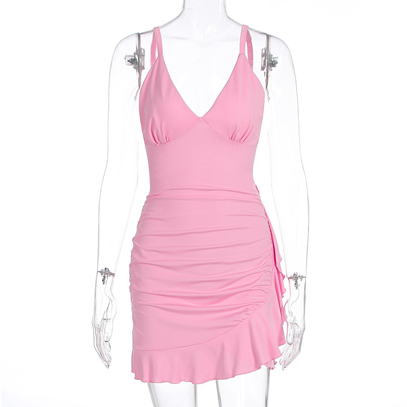 Hip wrapped Pleated Deep Ruffled Dress Pink - Shop at LoveMi