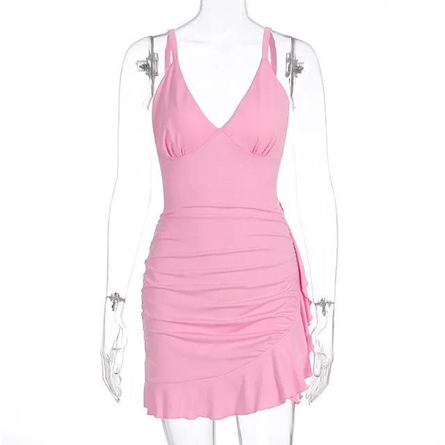Hip wrapped Pleated Deep Ruffled Dress Pink - Shop at LoveMi