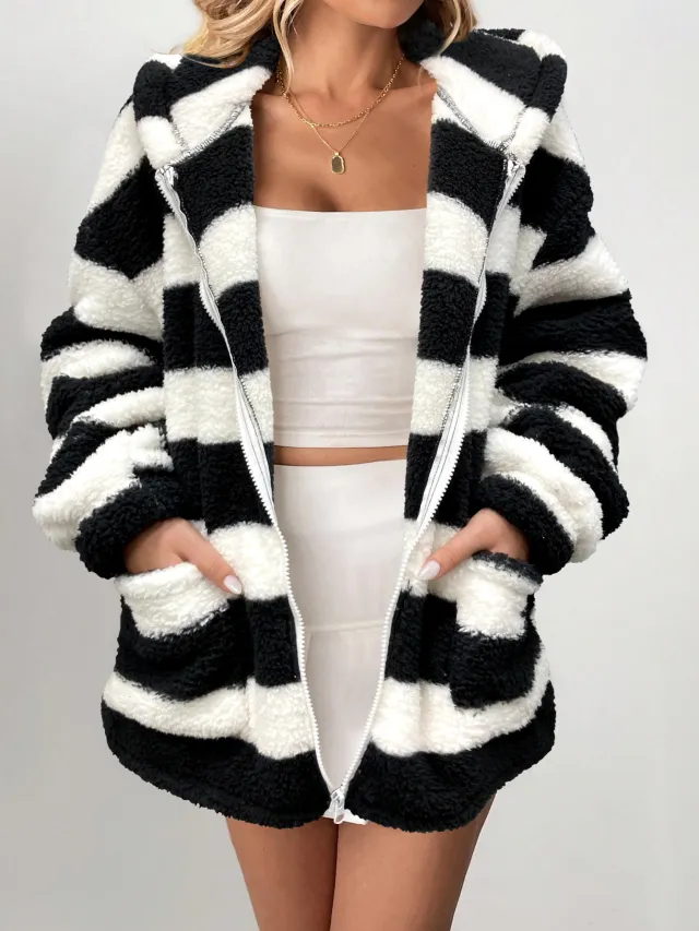 Casual Long Sleeve Black And White Striped Cardigan Jacket Black And White Stripes - Shop at LoveMi