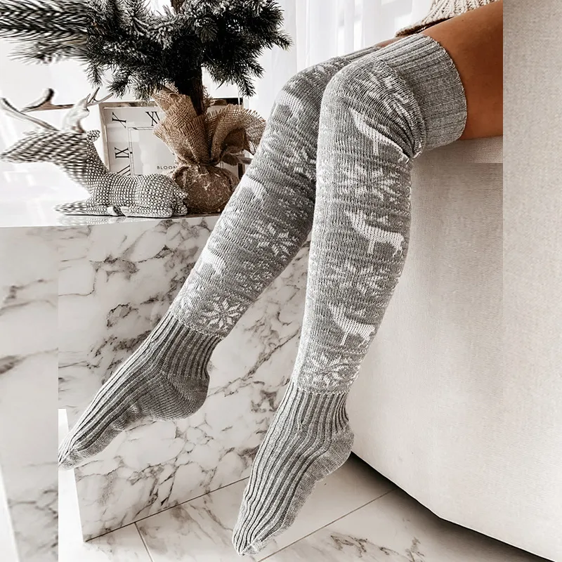 Winter Christmas Warm Knitted Women Stocking Beautiful Elk Snowflake Jacquard Over-the-knee Casual Long Socks For Ladies Gifts Free Size - Gray