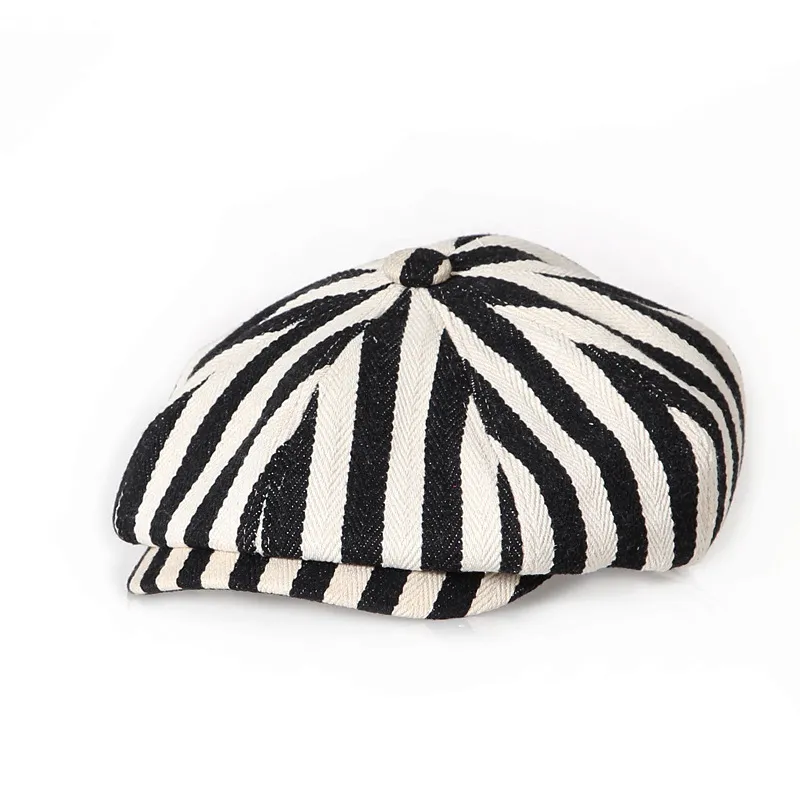 Retro Bold Stripes Fashion British Youth Octagonal Cap - Black
