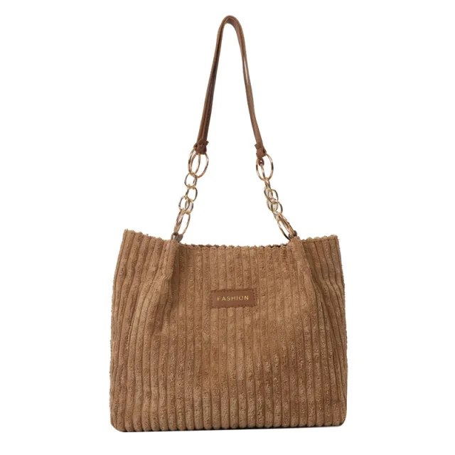 Corduroy Women's Large Capacity Thick Stripe Shoulder Bag Khaki - Shop at LoveMi
