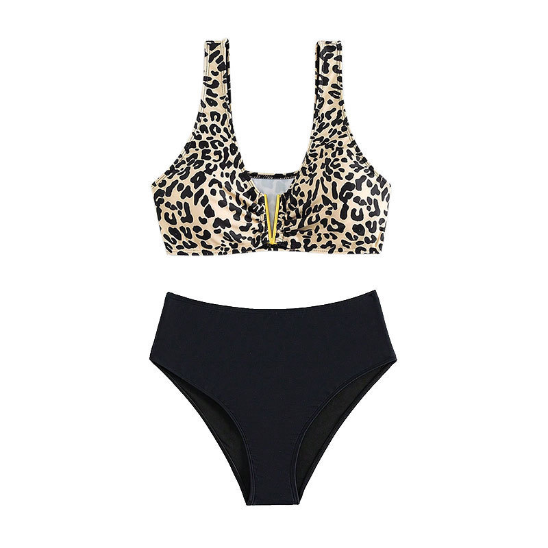 Leopard Print V-neck Swimsuit High Waist Bikini For Women