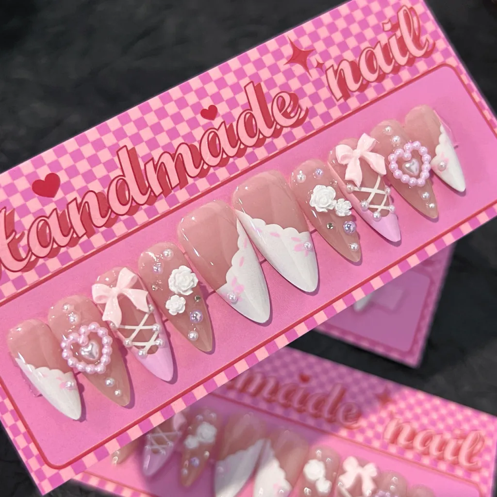 Spot Drill Pearl Camellia Manicure French White Sweet Bow - Sp172