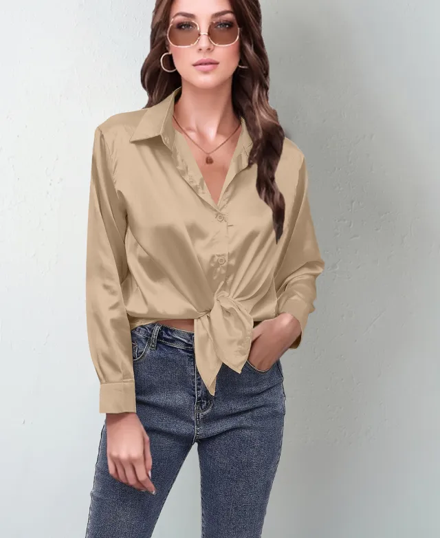 Women's Silk like Long sleeved Shirt Top Khaki - Shop at LoveMi