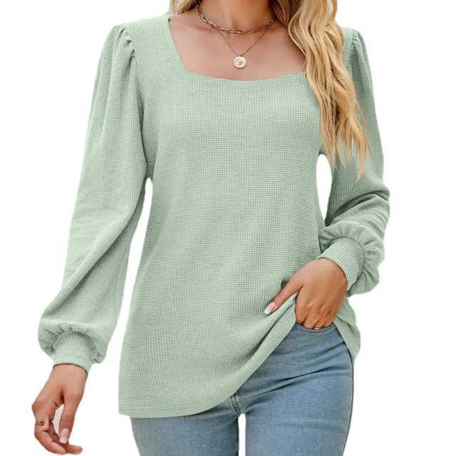 Women's U neck Pleated Puff Sleeve Top Loose Casual Solid Color T shirt Bean Green - Shop at LoveMi