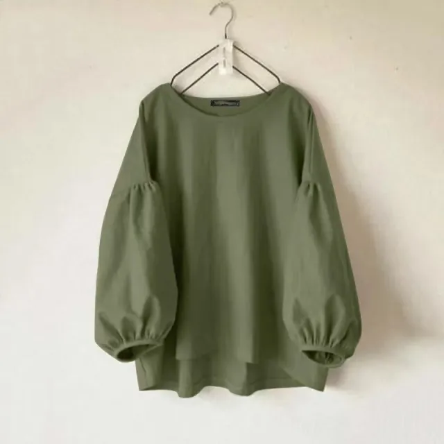 Women's Loose fit Vintage Crew neck Shirt With Puff Sleeves Army Green - Shop at LoveMi