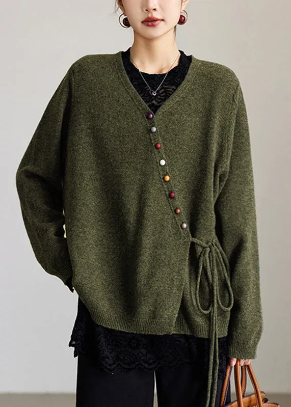 Women's Solid Color Versatile Wool Sweater Loose Top Coat Green - Shop at LoveMi