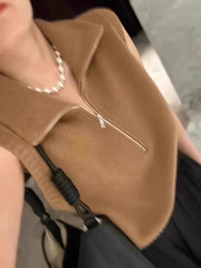 Casual Half Zipper Design Lapel Knitted Temperament Flattering Vest Camel - Shop at LoveMi