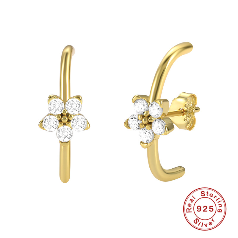 S925 Pure Silver Bar Line Curved Petals With Diamond Stud Earrings