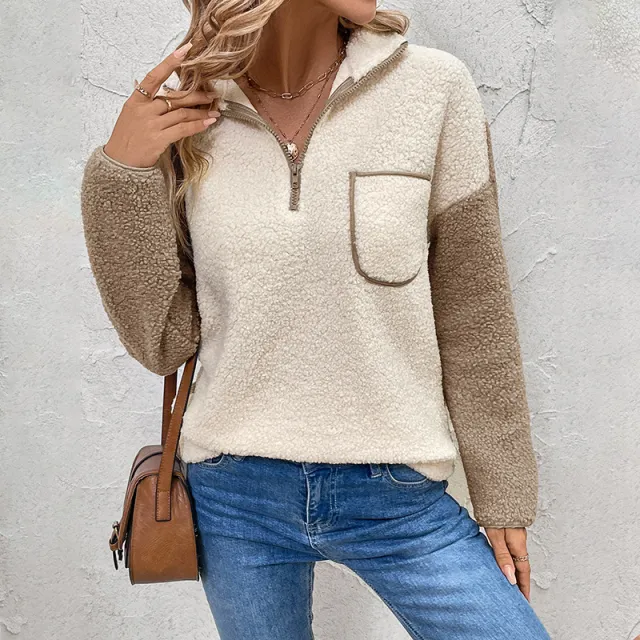 Long Sleeve Stand Collar Color Matching Warm With Velvet Sweater Tan - Shop at LoveMi