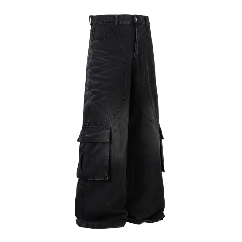 High Street American Retro Washed Distressed Multi-pocket Workwear Jeans