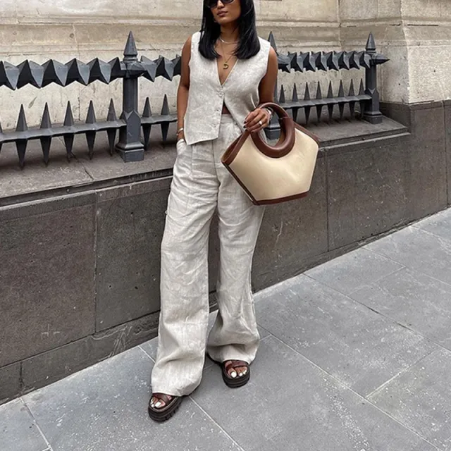 European And American Women's Cotton And Linen Sleeveless Vest Waistcoat Trousers Two piece Set Linen - Shop at LoveMi