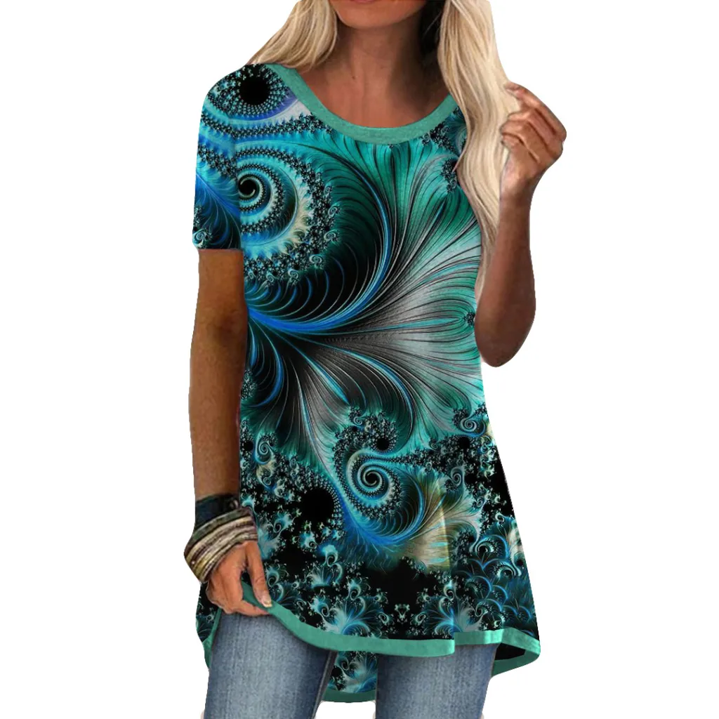 Crew Neck Casual Ethnic Style Vintage Print Short Sleeves T-shirt - T18 Spiral Feather-S