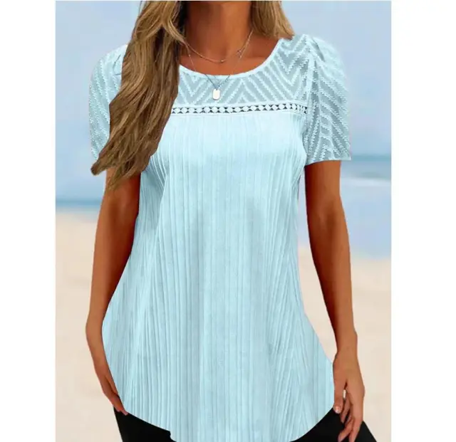 Pullover Round Neck Lace Patchwork Short sleeved T shirt Women Light Blue - Shop at LoveMi