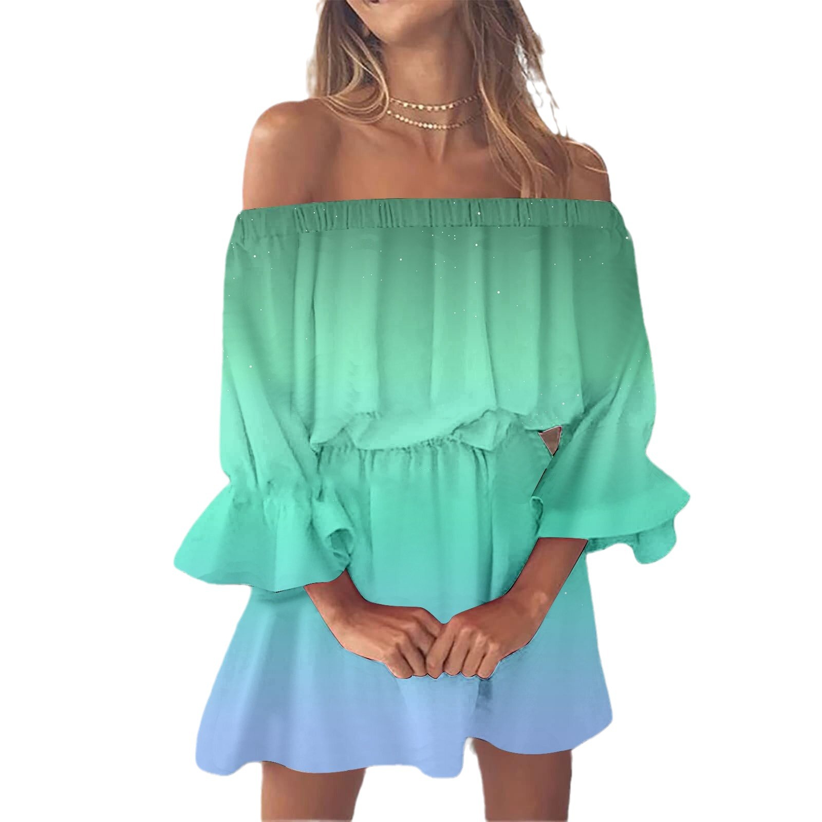 Women's One-word Shoulder Flared Sleeve Printed Dress