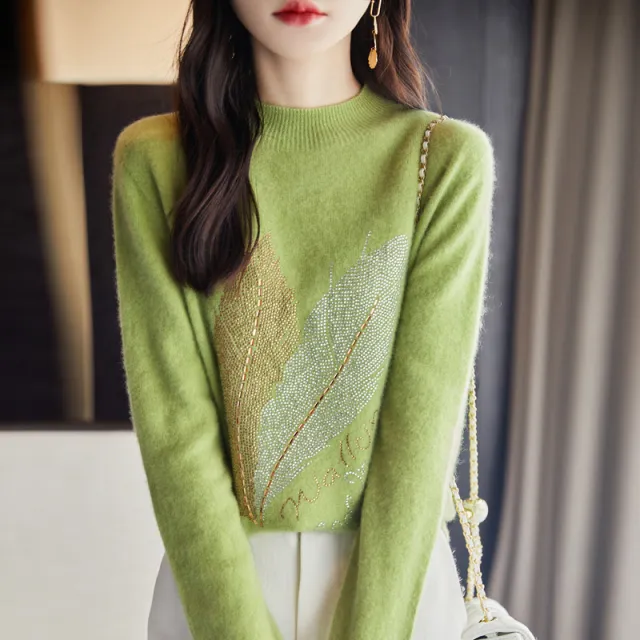 Half Turtleneck Rhinestone Sweater Pullover Inner Wear Sweater Fruit Green - Shop at LoveMi