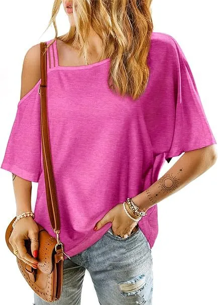 Women's Loose Short Sleeved T shirt Rose Red - Shop at LoveMi