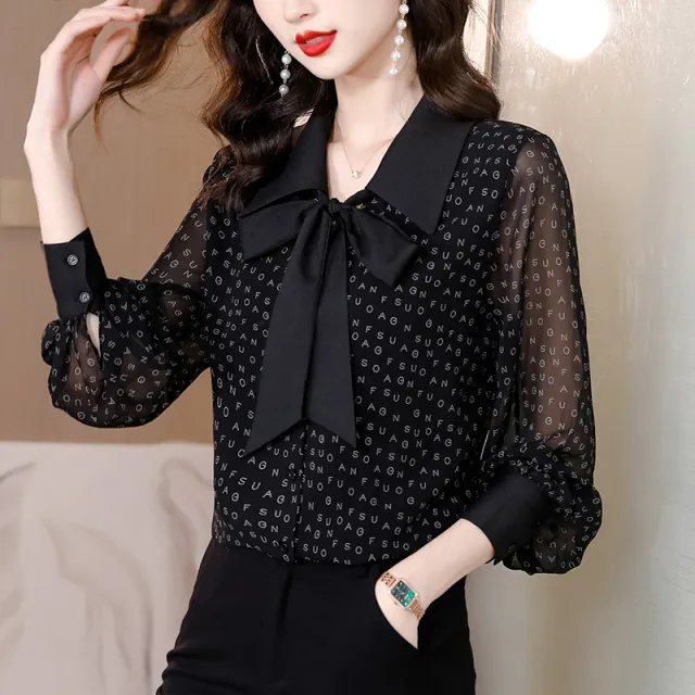 Bow Chiffon Shirt Letter Printed Loose Top Color - Shop at LoveMi