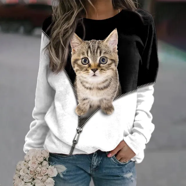 Women's Cat Zipper Digital Printed Round Neck Long sleeved Sweater Zha3807 L - Shop at LoveMi