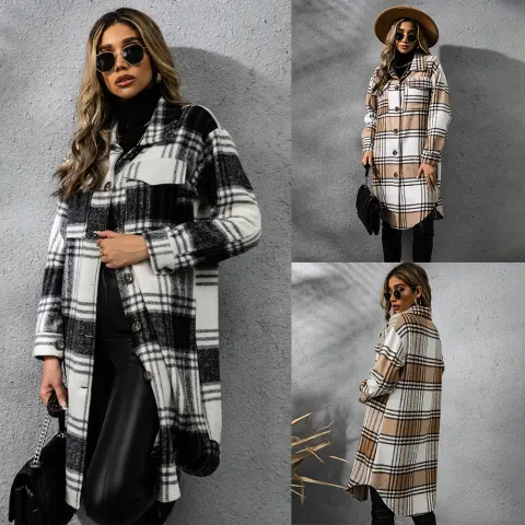 Fashion Plaid Single Row Button Coarse Wool Coat
