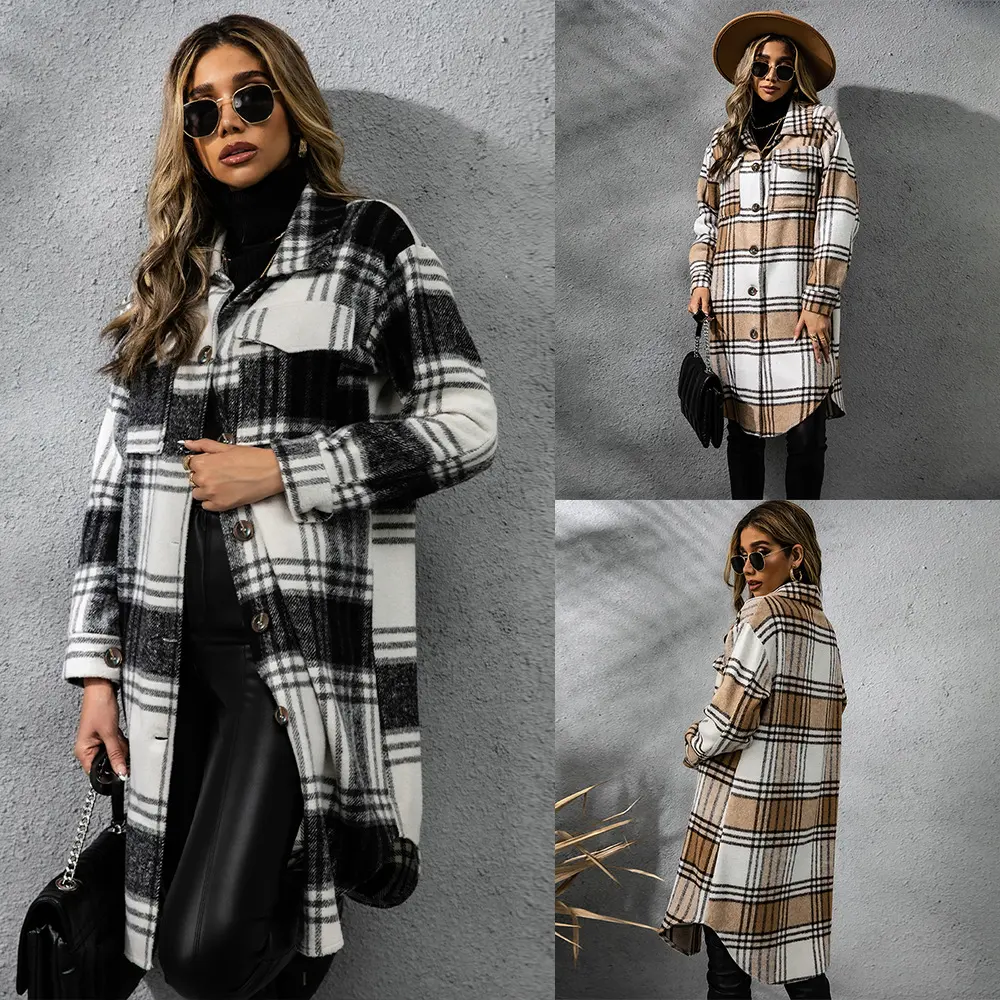 Fashion Plaid Single Row Button Coarse Wool Coat