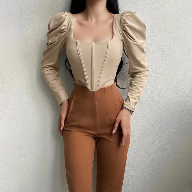 Collar Pure Desire Long Sleeve Sexy Puff Sleeve Fishbone Waist Short Top Khaki - Shop at LoveMi