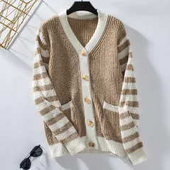 Women's Striped Sweater Loose Button Sweater - Khaki - View 1