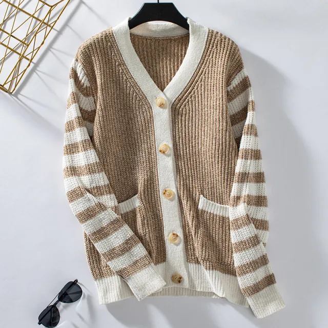 Women's Striped Sweater Loose Button Sweater Khaki - Shop at LoveMi