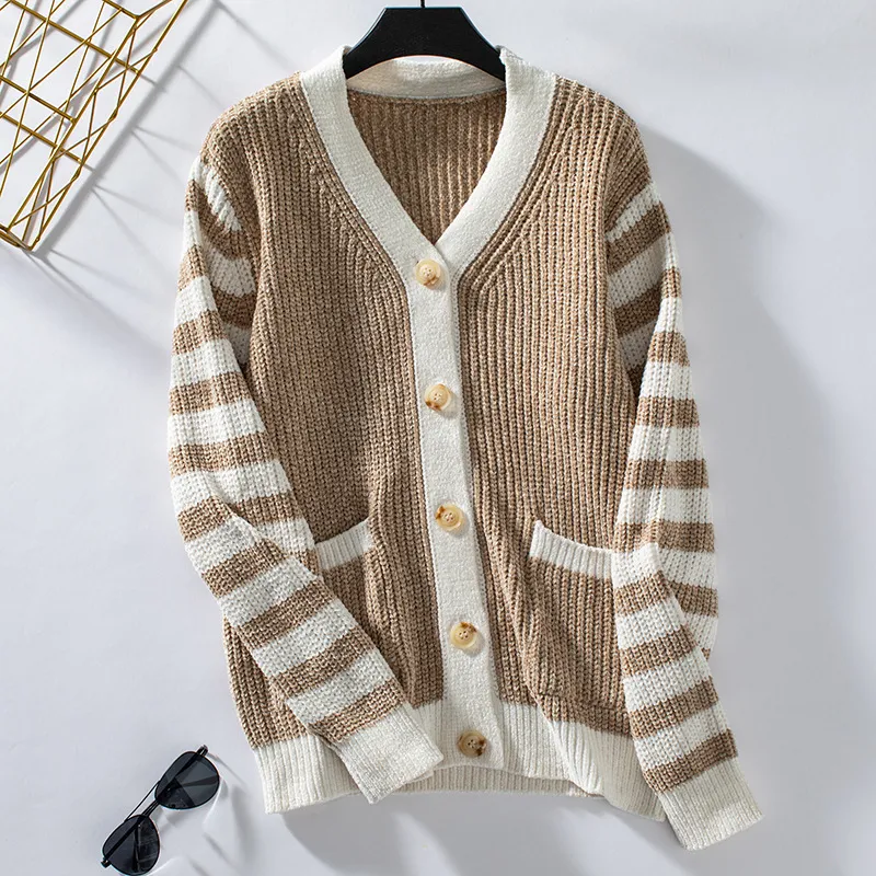 Women's Striped Sweater Loose Button Sweater - Khaki
