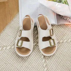 Women's Flat Cool First Layer Cowhide Soft Bottom Belt Buckle Beach Outer Wear Ankle-strap Sandals - Beige - View 1