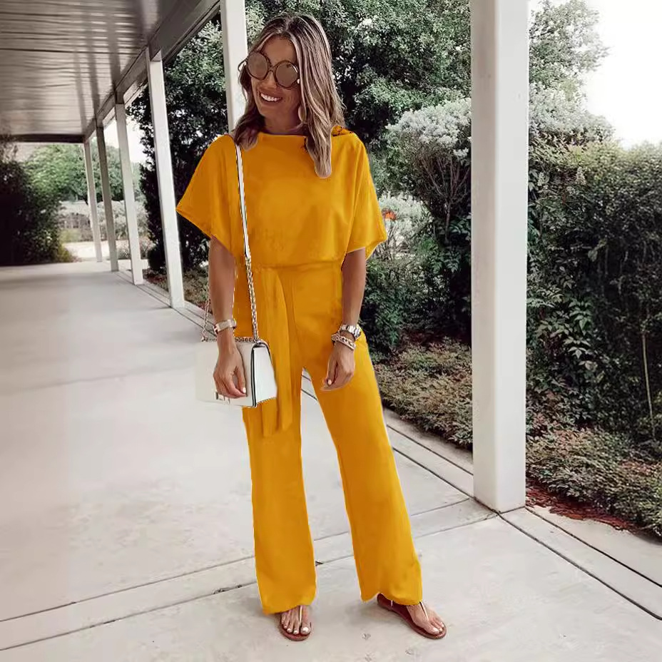 Women's Loose Casual Lace Up Jumpsuit Short Sleeve