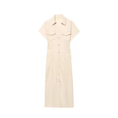 European And American Style Women's Simple Waist Pleated Short Sleeve Temperament Midi Skirt Dress - Khaki - View 1