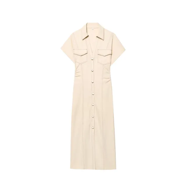 European And American Style Women's Simple Waist Pleated Short Sleeve Temperament Midi Skirt Dress Khaki - Shop at LoveMi