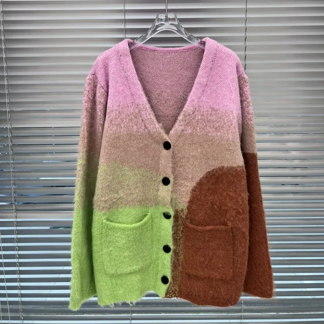 Mohair Gradient Color V neck Knitted Cardigan Women Pink - Shop at LoveMi