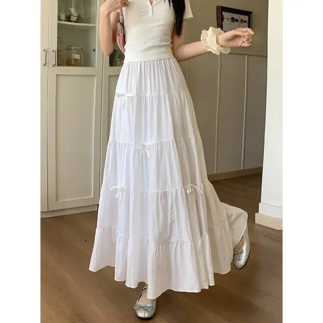 Stitching Cake Dress Summer Versatile Big Hem Umbrella Skirt Long Dress White - Shop at LoveMi