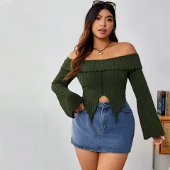 Women's Solid Color Long Sleeve Off Shoulder Irregular Top - Black - View 1