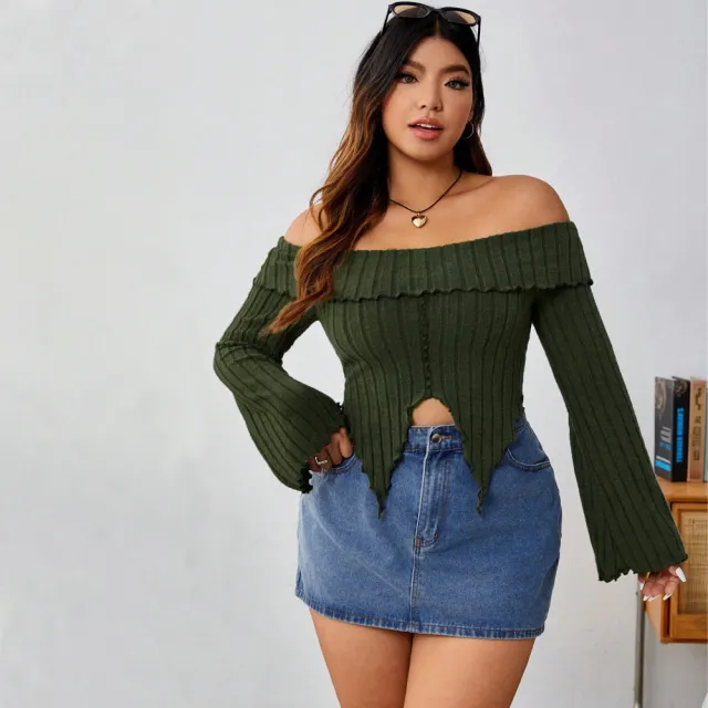 Women's Solid Color Long Sleeve Off Shoulder Irregular Top Black - Shop at LoveMi