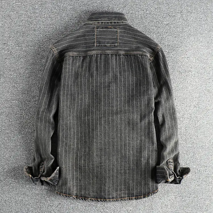 Men's British Retro Black Gray Striped Denim Shirt