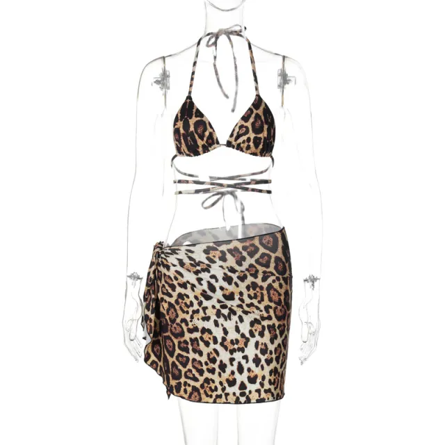 European And American Printed Hip Skirt Lace up Chest wrapped Beach Vacation Suit Leopard Print - Shop at LoveMi